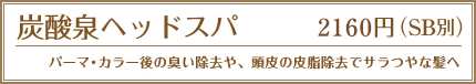 炭酸泉ヘッドスパ 2100円（SB別）。パーマ・カラー後の臭い除去や、頭皮の皮脂除去でサラつやな髪へ。